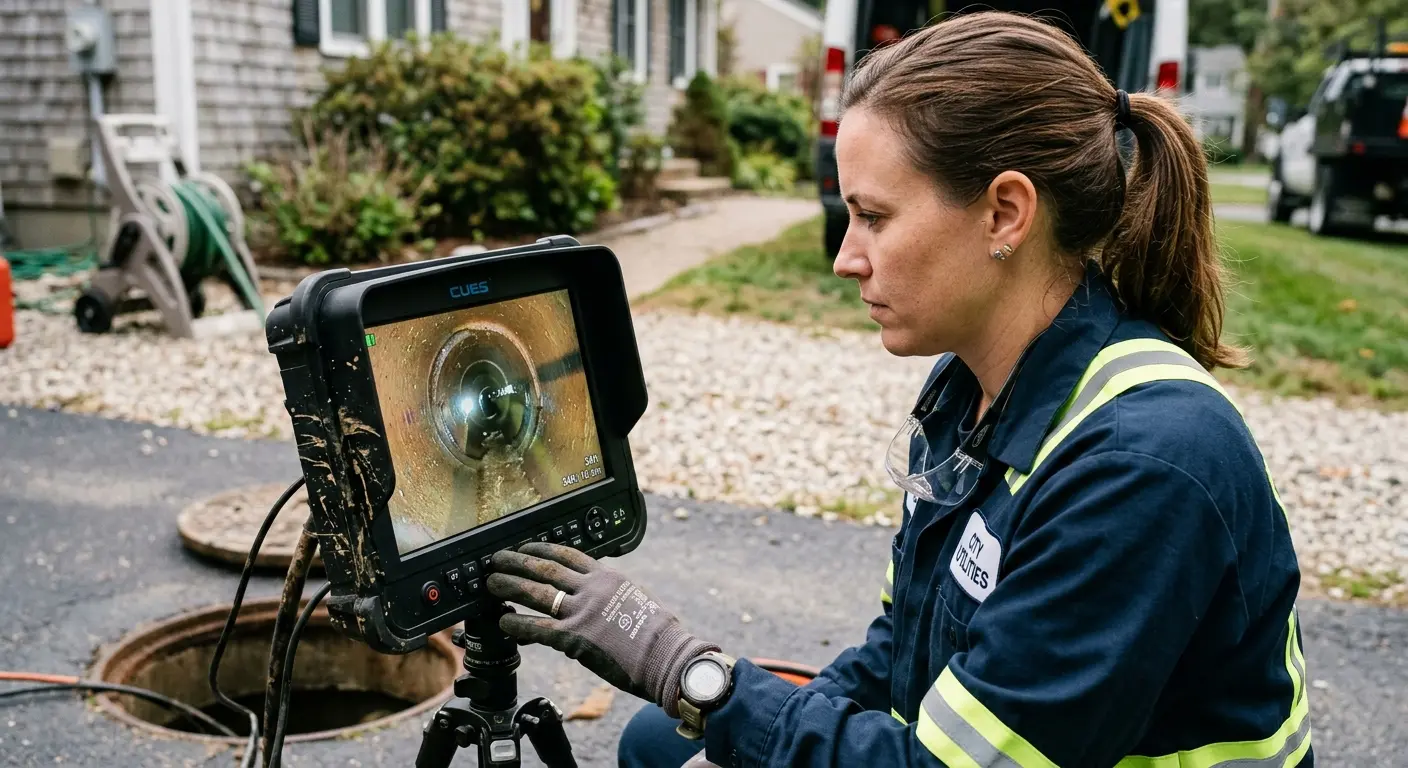 Technician reviewing sewer camera inspection footage in Pawling