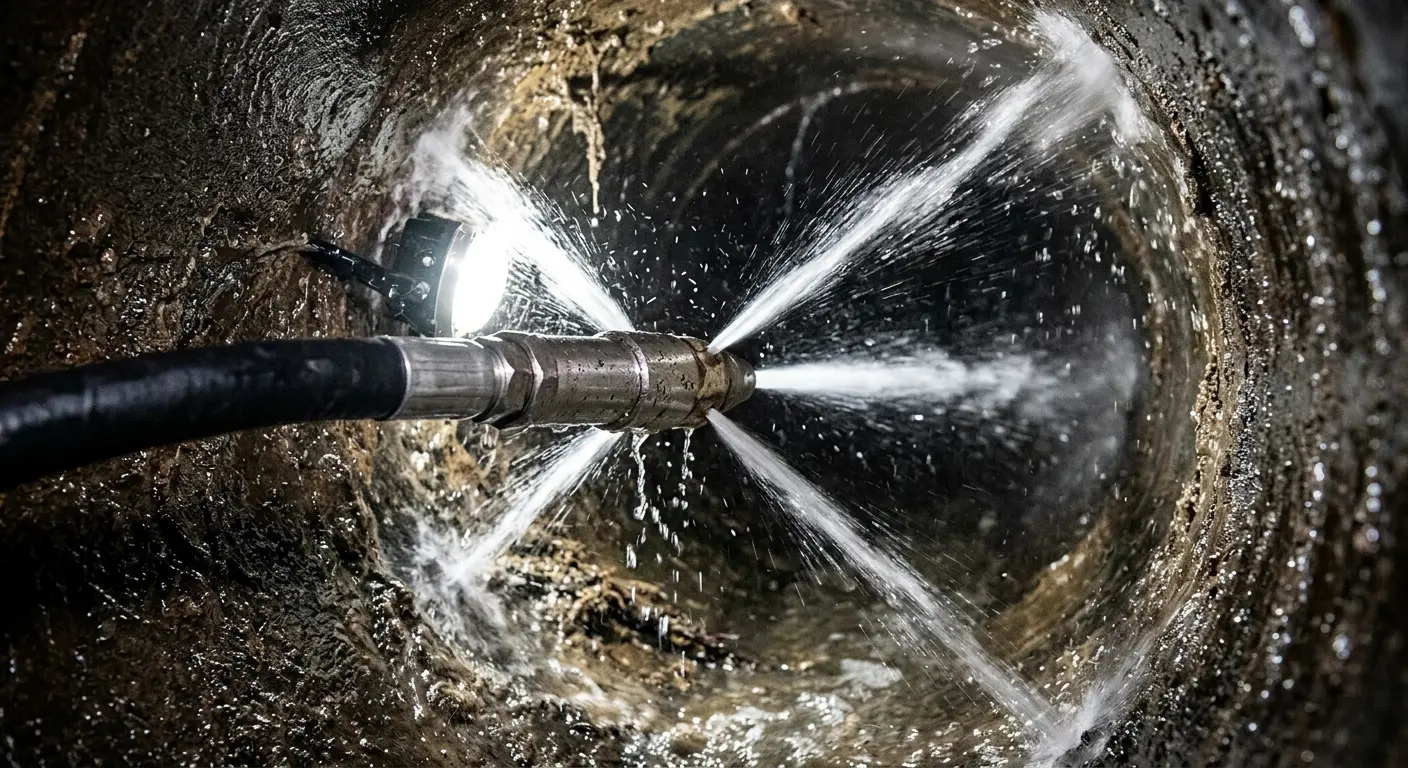High-pressure hydro jetting nozzle cleaning sewer pipe for Emergency Drain Service in Pawling