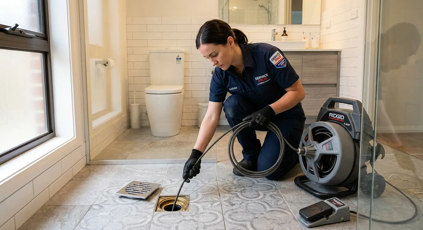 Technician clearing a bathroom floor drain for Hydro Jetting in Pawling